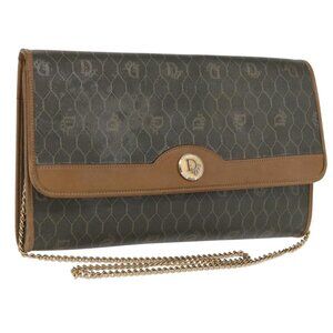 Authentic Christian Dior Honeycomb Canvas Chain Bag PVC Black Brown gold